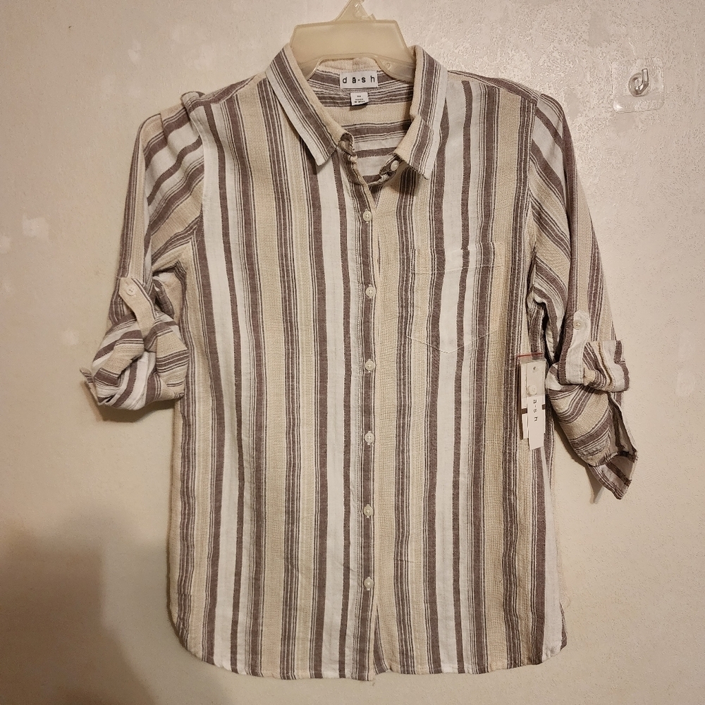 da-sh Striped 3/4 Sleeve Roll Tab Button Front Woven Shirt Cotton Size M NWT